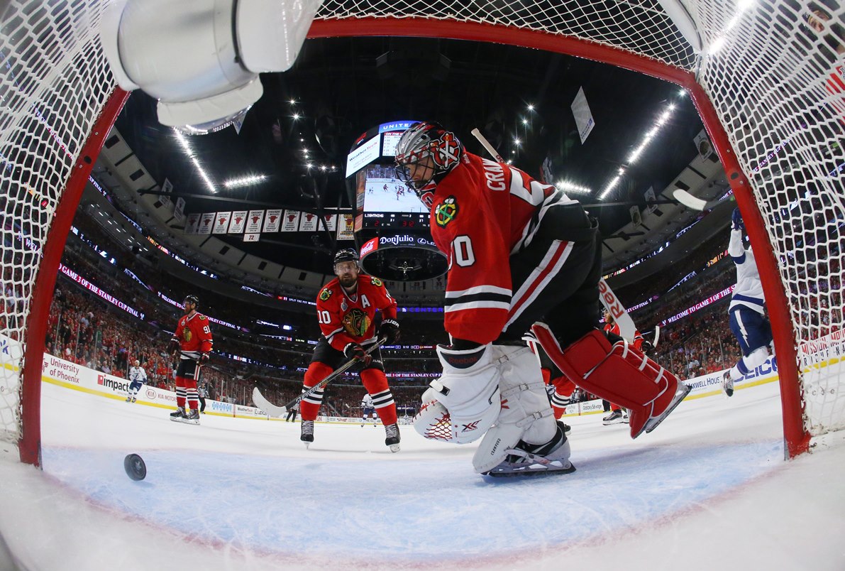 Jun 8, 2015; Chicago, IL, USA; Chicago Blackhawks goalie Corey Crawford (50) and left wing Patrick Sharp (10) react after a goal by Tampa Bay Lightning center Cedric Paquette (not pictured) in the third period in game three of the 2015 Stanley Cup Final at United Center. Mandatory Credit: Bruce Bennett/Pool Photo via USA TODAY Sports  / ReutersPicture Supplied by Action Images (TAGS: Sport Ice Hockey NHL)