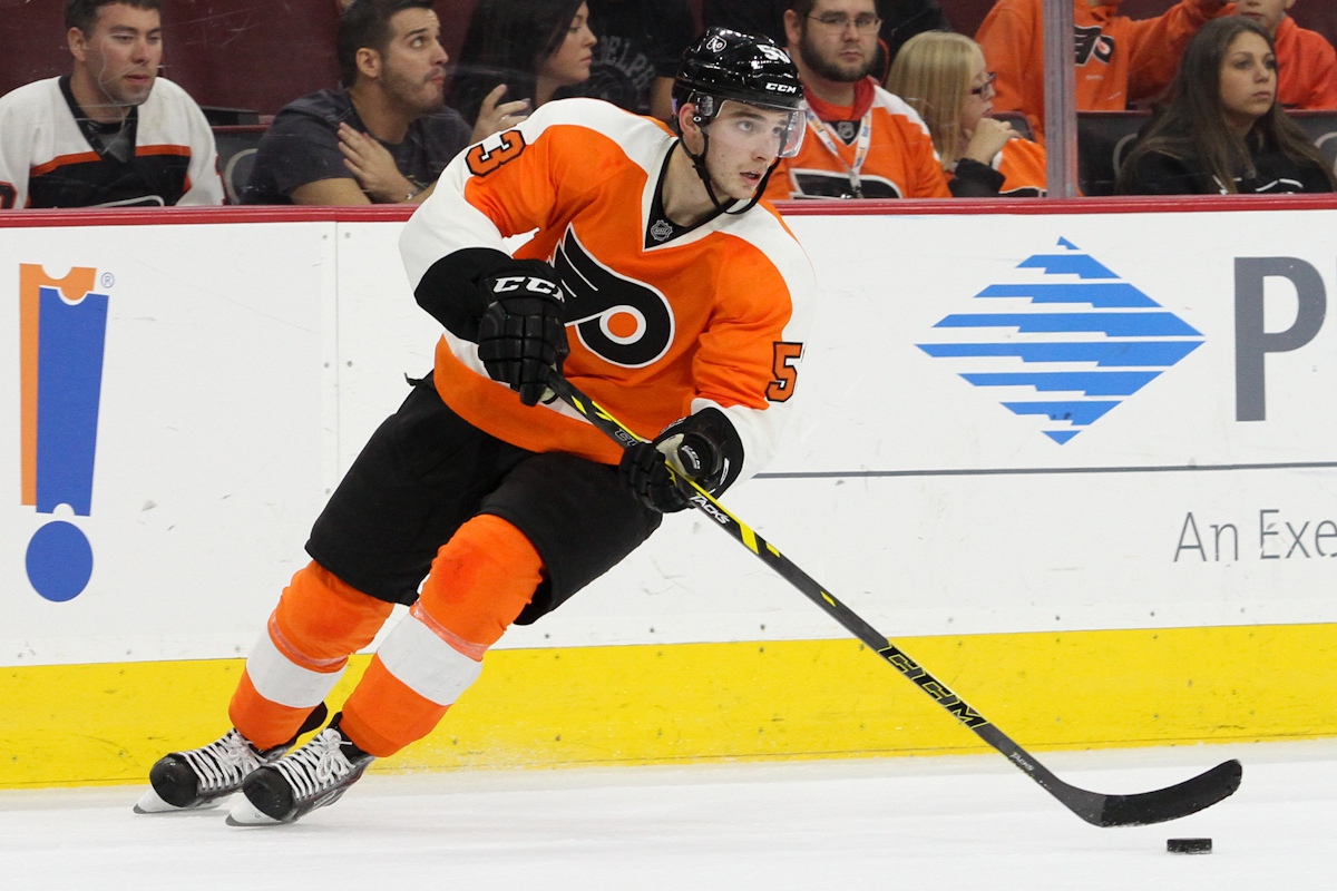 NHL 2014 - Oct 25 - DET vs PHI - Defenseman Shayne Gostisbehere (#53) of the Philadelphia Flyers makes his NHL debut