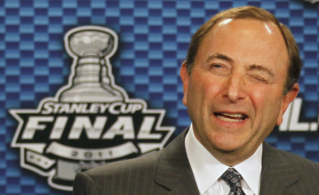 NHL Commissioner Gary Bettman attends a press conference before Game 1 of the NHL Stanley Cup Final hockey playoff in Vancouver