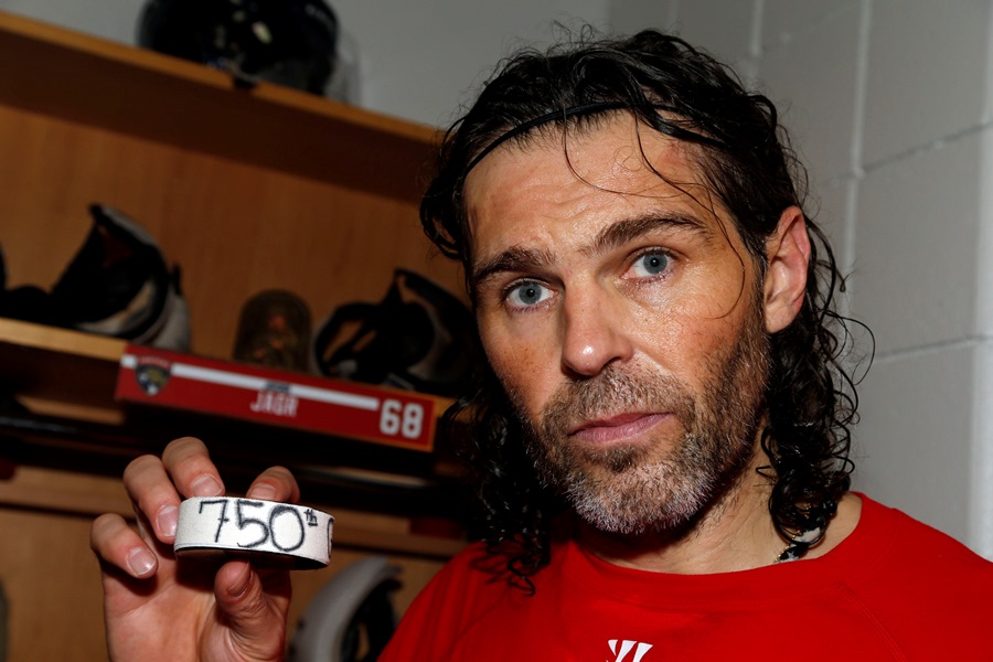 SUNRISE, FL - OCTOBER 20: Jaromir Jagr #68 of the Florida Panthers holds the puck from his 750th NHL goal scored against the Washington Capitals at the BB&T Center. He becomes the third player to reach this mark. On October 20, 2016 in Sunrise, Florida. (Photo by Eliot J. Schechter/NHLI via Getty Images)