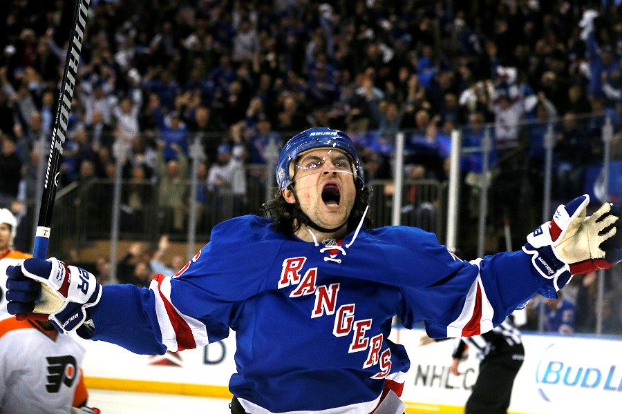 New York, New York,  4/17/14 New York Rangers right wing Mats Zuccarello #36 scores a goal during the first period in game one of the first round of the Stanley Cup Playoffs at Madison Square Garden on April 17, 2014.  (Paul J. Bereswill)