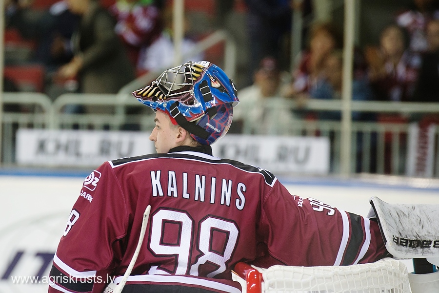 Goalie of Dinamo Riga Janis Kalnins (98) in the KHL regular championship game between Dinamo Riga and Dynamo Moscow, played on October 3, 2016 in Arena Riga